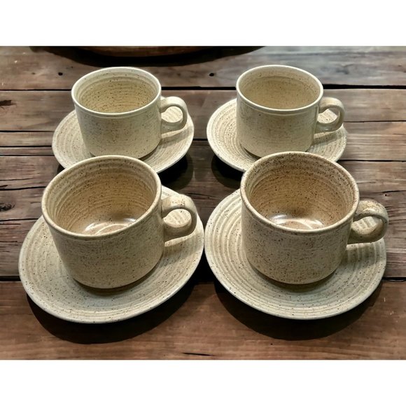 Churchill Homespun Cups and Saucers Set of 4 Speckled Brown Coffee Mugs MCM - Picture 1 of 11
